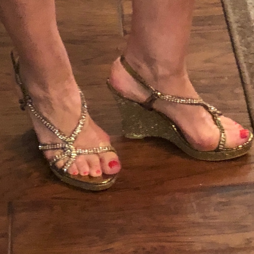Embellished Gold Evening Wedge Sandals